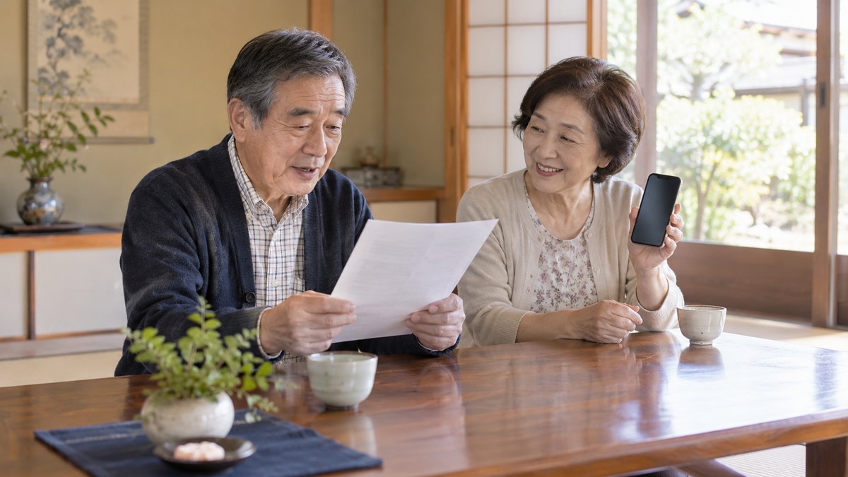 昼、和室の座卓で、60代の夫婦が並んで座り、夫が手にした紙を読み上げ、隣の妻がスマホのタイマーの画面を夫に向けて見せている。画面と紙の文字は読めない