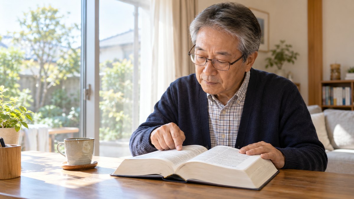 昼、一戸建ての居間の窓辺の小さな机で、老眼鏡をかけた60代の男性が厚い国語辞典を開き、指でページをたどっている手元。辞典の文字は読めない