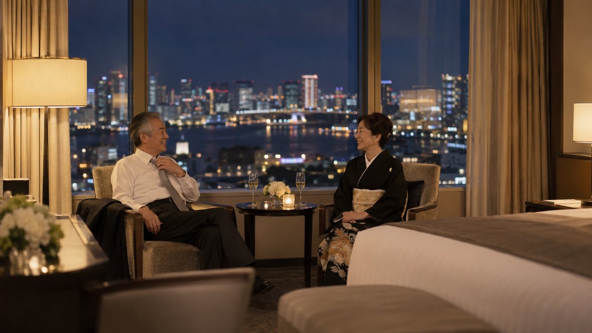 夜、披露宴を終えたホテルの客室の窓際の椅子で、モーニングコートの上着を脱いだ60代の男性がネクタイを緩め、向かいに座った留袖の妻と顔を見合わせてほっと笑っている。顔は小さく写る