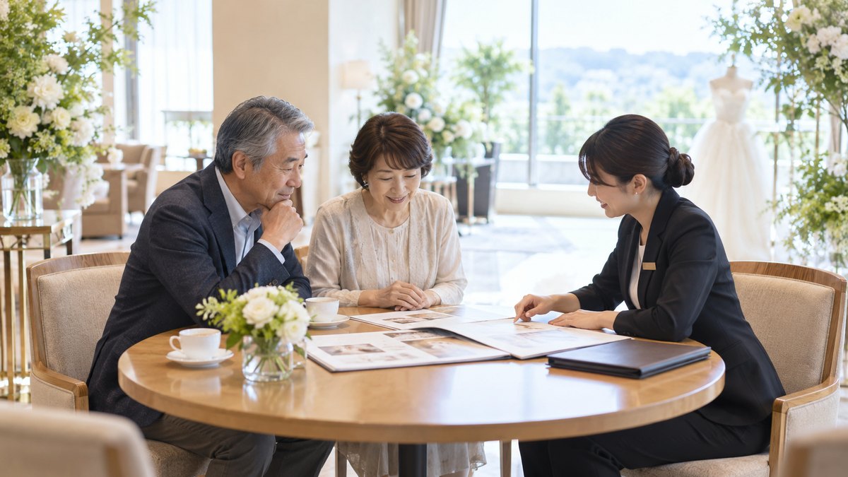昼、結婚式場の明るいサロンの丸テーブルで、60代の夫婦が並んで座り、向かいの女性プランナーが広げた進行表を3人でのぞき込んでいる。紙の文字は読めない。顔は小さく写る