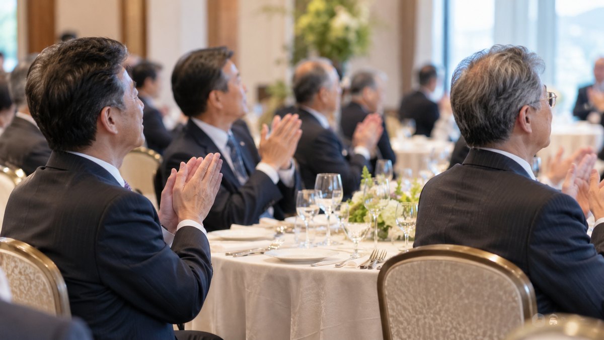 昼、ホテルの宴会場の円卓で、スーツ姿の50代から60代の男性ゲスト数人が、前方の方を向いて穏やかに拍手をしている手元と横顔。顔は小さく写る
