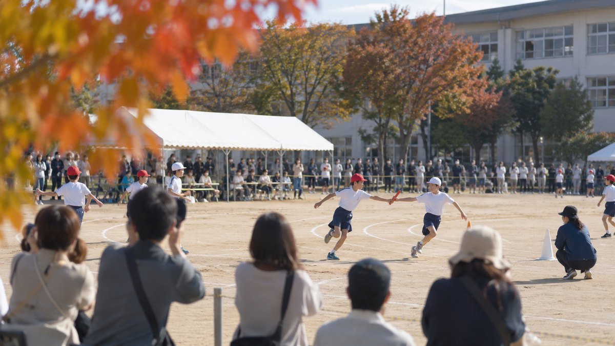 秋の昼、小学校の運動会で、紅白帽をかぶった男の子がリレーのバトンを受け取って走り出す瞬間を、校庭の外側から写した遠景。顔ははっきり写らない。文字は無い