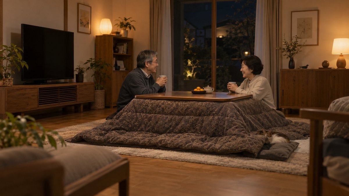 夜、一戸建ての居間で、60代の夫婦がテレビを消した静かな部屋のこたつに入り、湯のみを手に向かい合って穏やかに話している。顔は小さく写る