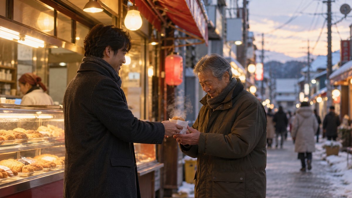 冬の夕方、商店街の肉屋の店先で、30代の息子が湯気の立つコロッケの紙包みを60代の父親に手渡し、父親が照れくさそうに受け取っている。顔は小さく写る。看板の文字は読めない