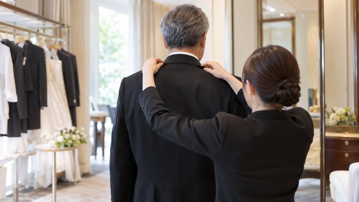 昼、結婚式場の衣装室で、女性スタッフがモーニングコートの上着を60代の男性に後ろから着せかけ、襟元を整えている背中。顔は写らない