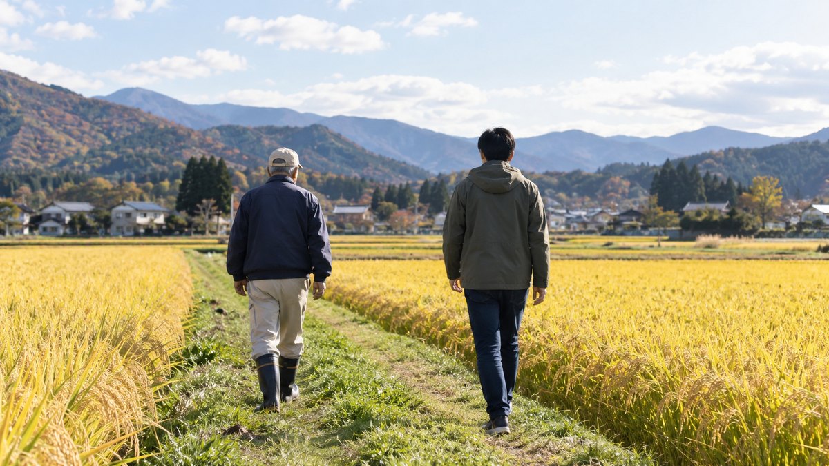 秋の昼、黄金色の稲が実った田んぼのあぜ道を、60代の父親と30代の息子が少し間をあけて並んで歩いている後ろ姿。顔は写らない