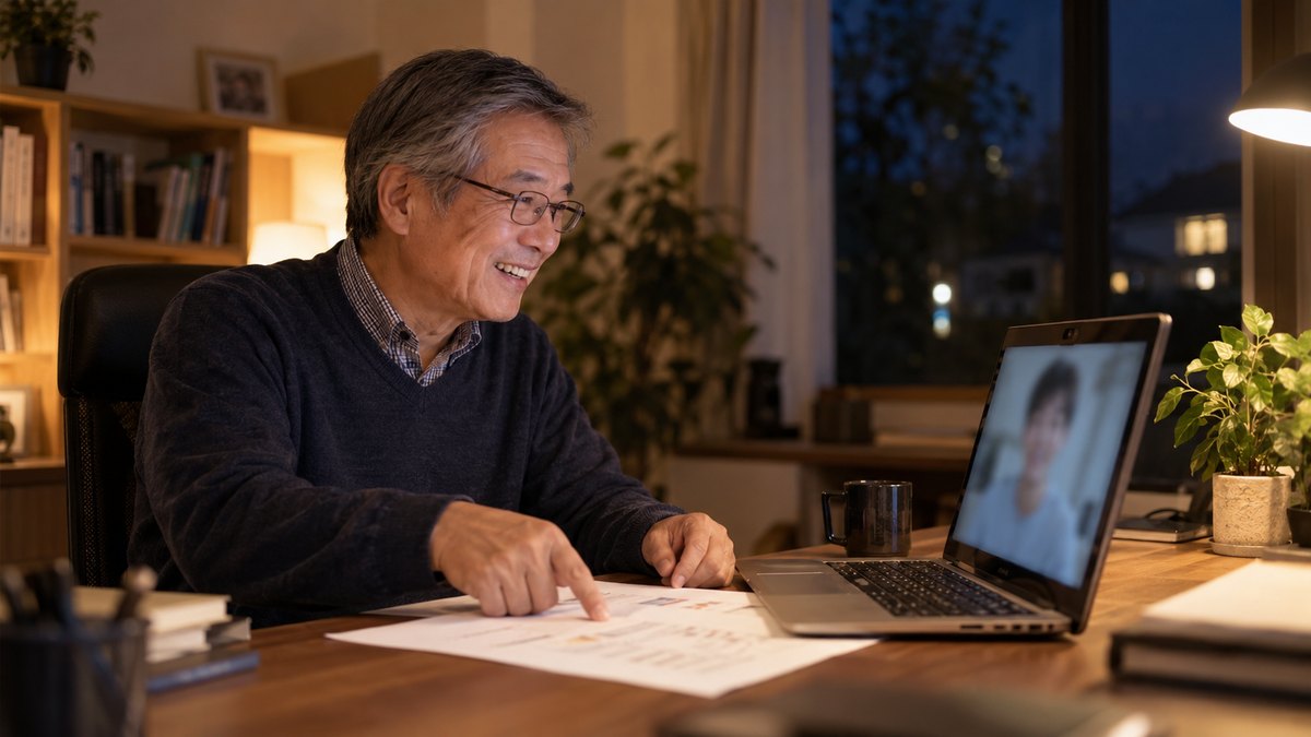 夜、一戸建ての書斎で、60代の男性がノートパソコンの前に座り、ビデオ通話で息子と話しながら、机の上の紙を指さして笑っている。画面の中はぼやけて見えない