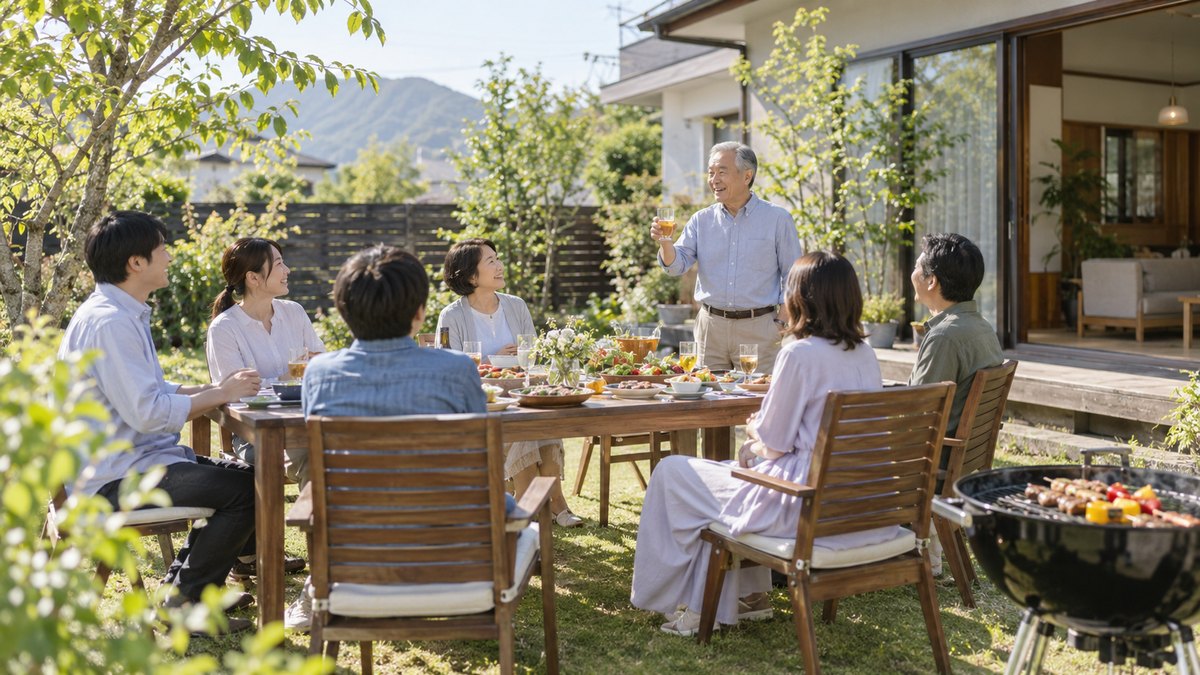 昼、郊外の一戸建ての庭で、家族8人ほどが木のテーブルを囲んでバーベキューをしながら、60代の男性が立ち上がってグラスを軽く持ち、皆に話しかけている。顔は小さく写る