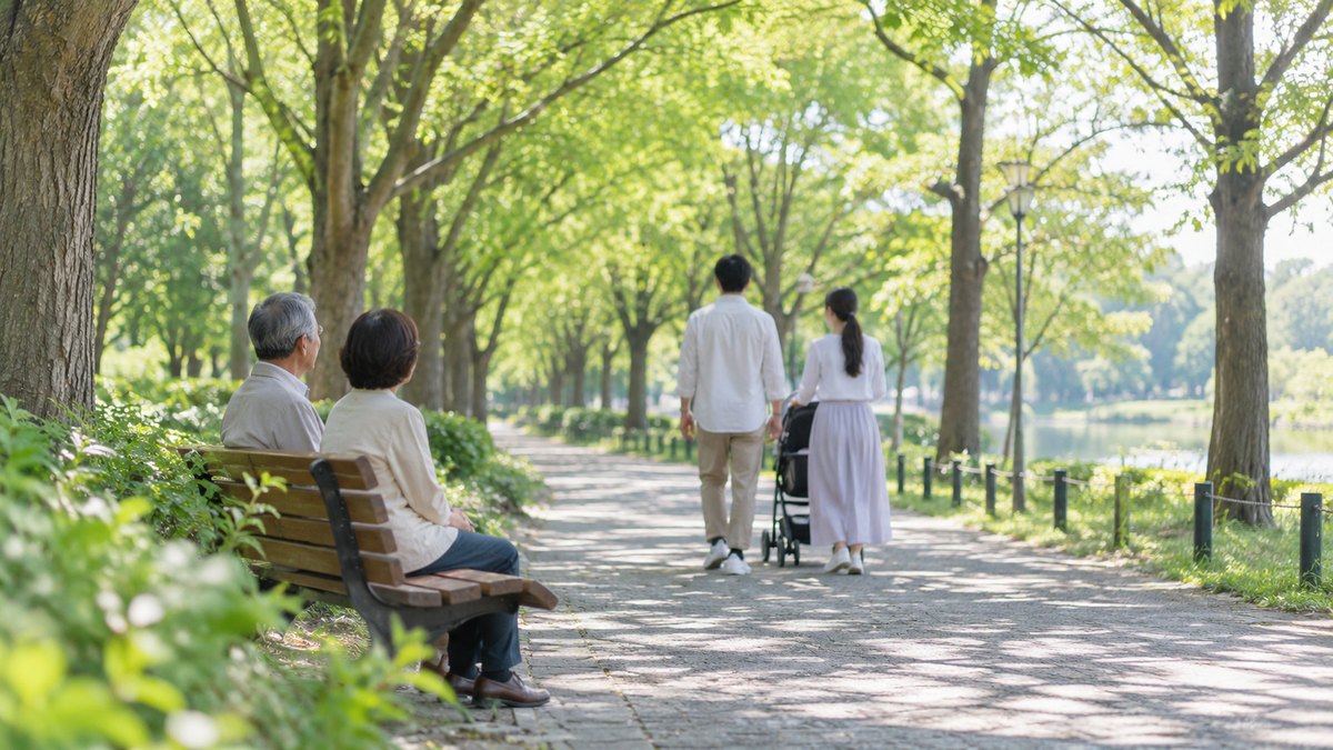 昼、公園の並木道のベンチに座った60代の夫婦が、ベビーカーを押して前を歩いていく若い夫婦の後ろ姿を、穏やかな顔で見送っている。顔は小さく写る