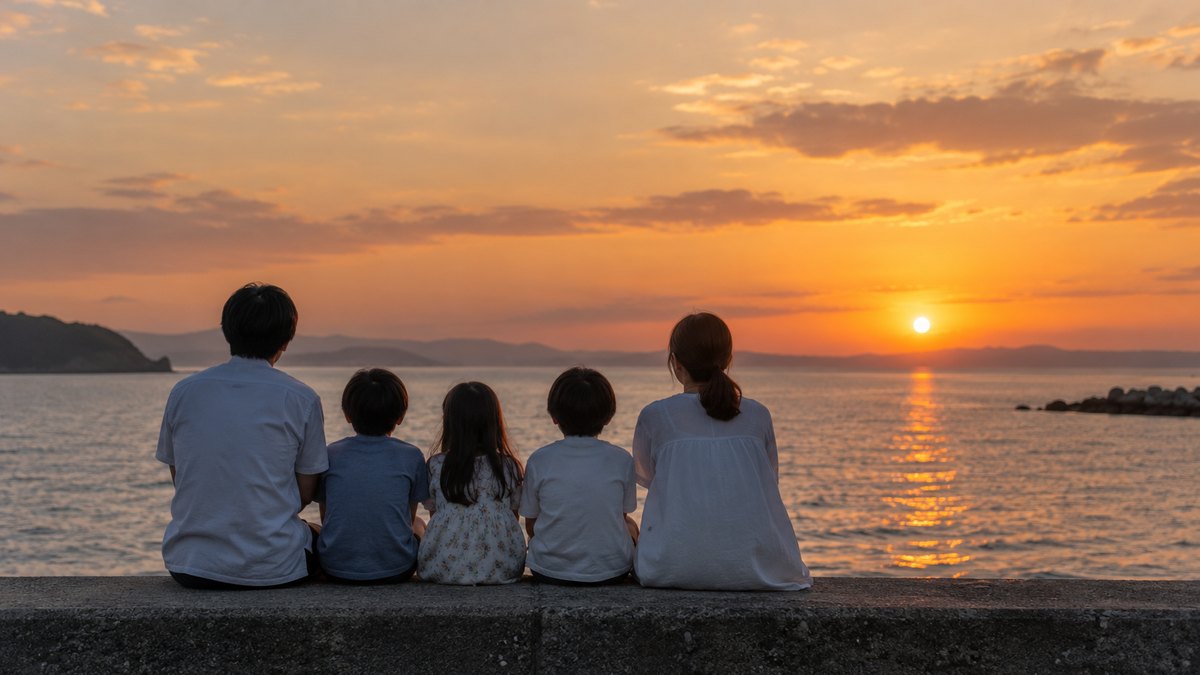夏の夕方、海辺の堤防の上に、大人と子どもを合わせた家族5人が横に並んで座り、海に沈む夕日を眺めている後ろ姿。顔は写らない