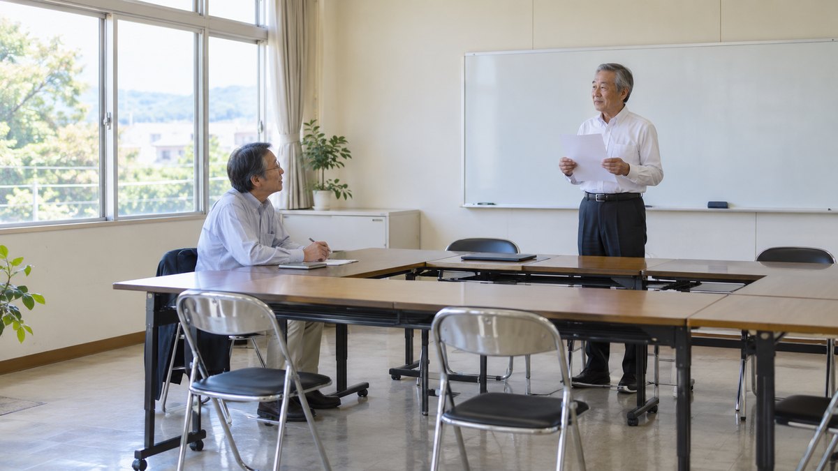 昼、公民館の小さな会議室で、ワイシャツ姿の60代の男性が紙を胸の少し上に持って背筋を伸ばして立ち、向かいの椅子に座った同年代の男性の友人がうなずきながら聞いている。顔は小さく写る