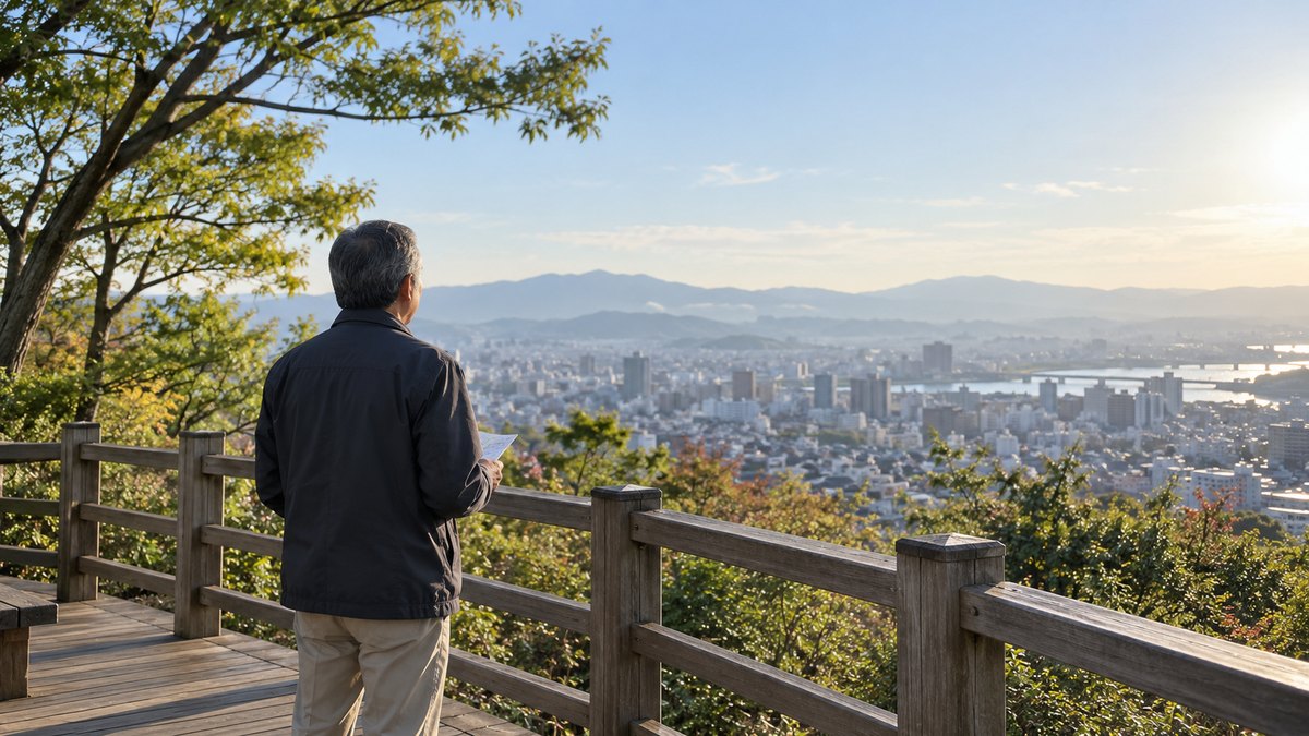 朝、高台の公園の木の展望デッキで、ジャケット姿の60代の男性が手の中の小さな紙から顔を上げ、眼下に広がる街並みの遠くを見渡している後ろ姿