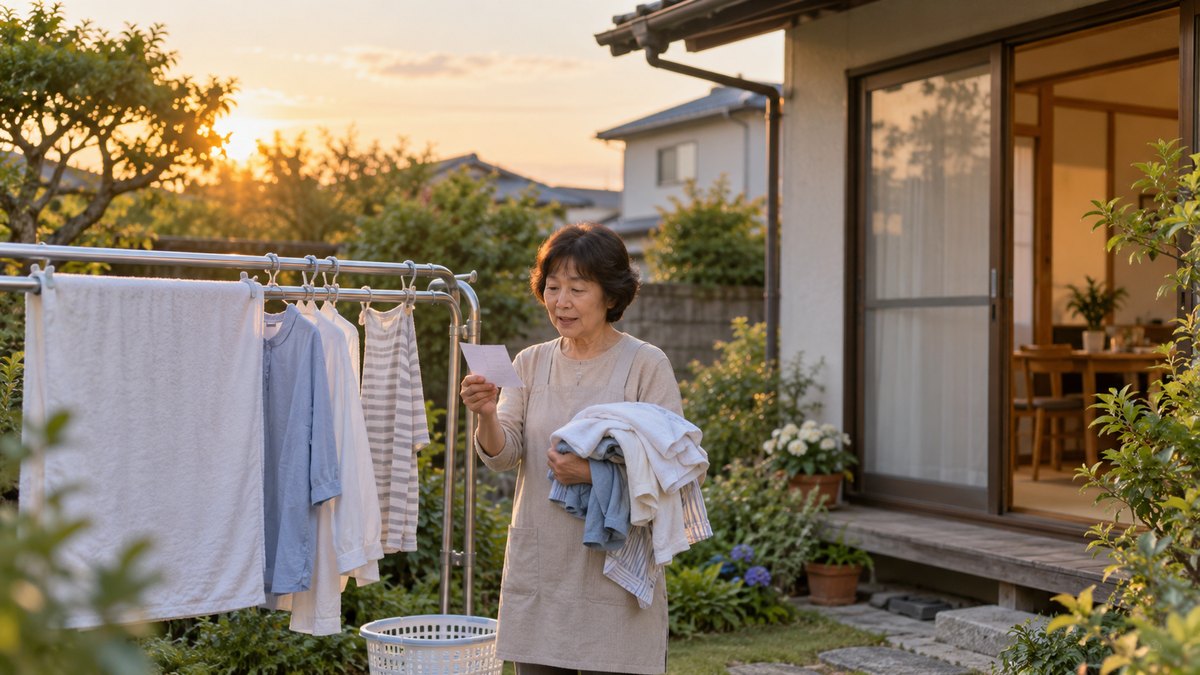 夕方、一戸建ての庭の物干し台の前で、60代の女性が取り込んだ洗濯物を腕にかけたまま、小さな紙を見て口を動かしている。顔は小さく写る。紙の文字は読めない