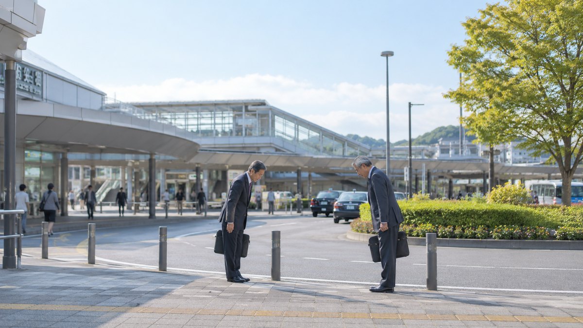 昼、郊外の駅前のロータリーで、スーツ姿の60代の男性2人が向かい合って立ち、互いに軽く頭を下げて会釈し合っている。顔は小さく写る。看板の文字は読めない