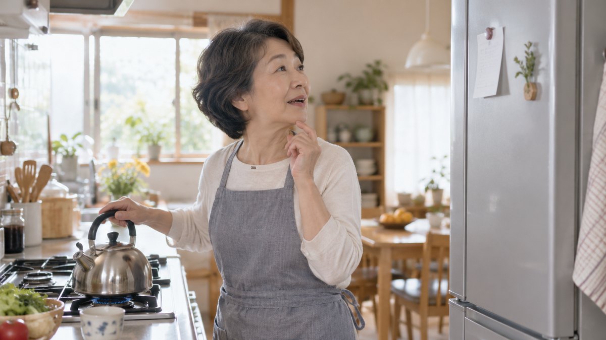 朝、一戸建ての台所で、60代の女性がガスこんろのやかんでお湯を沸かしながら、冷蔵庫の扉に磁石で留めた小さなメモを見上げて口を動かしている。メモの文字は読めない