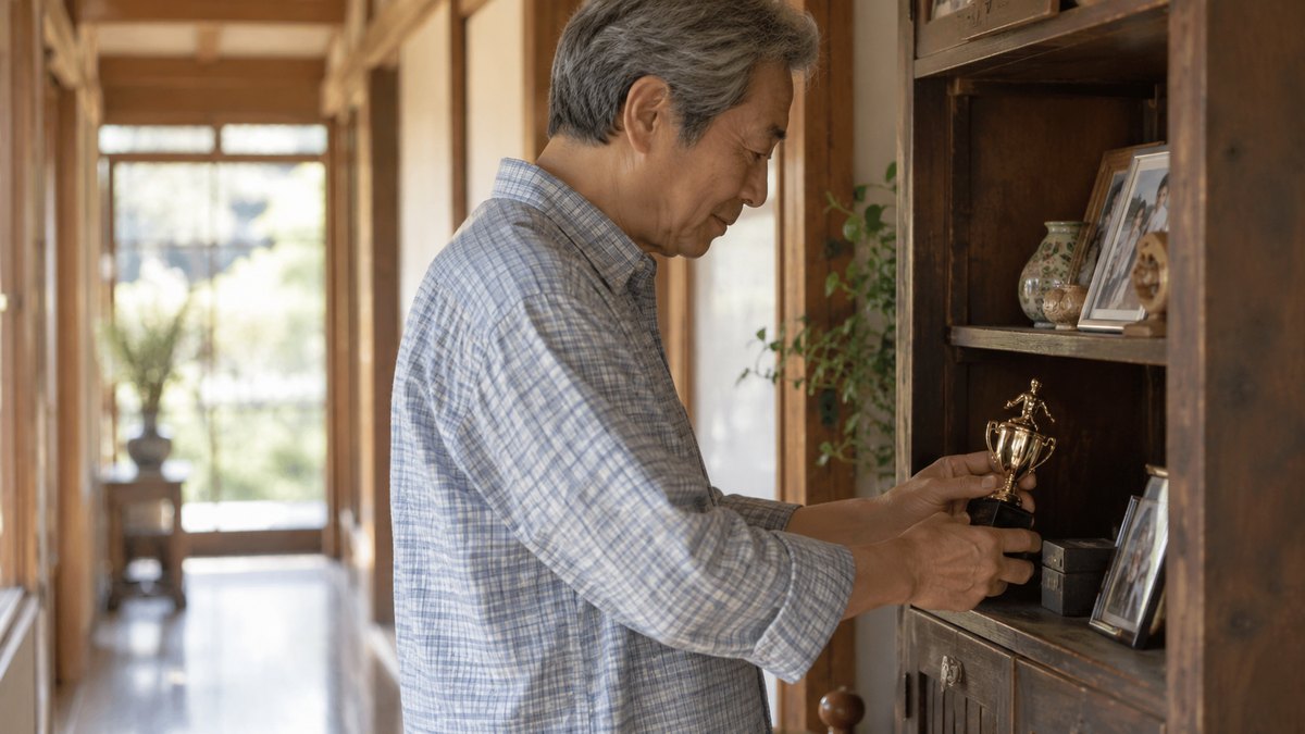 昼、実家の廊下の古い木の棚の前で、60代の男性が、息子が子どもの頃にもらった小さな金色のトロフィーを1つ手に取って眺め、そっと棚に戻そうとしている横顔。トロフィーや棚に文字は無い