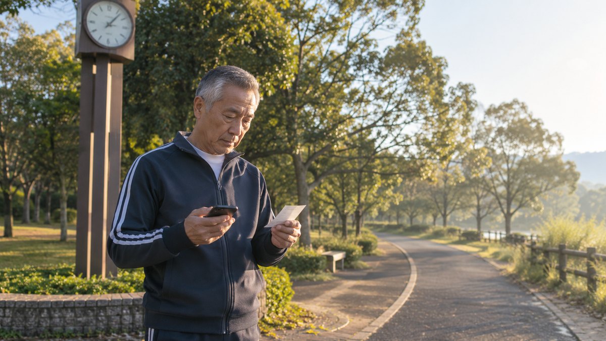 早朝、公園のジョギングコースの脇に立つ時計塔の下で、ジャージ姿の60代の男性がスマホのストップウォッチを見ながら、小さな紙を手に小声で読んでいる。画面と紙の文字は読めない