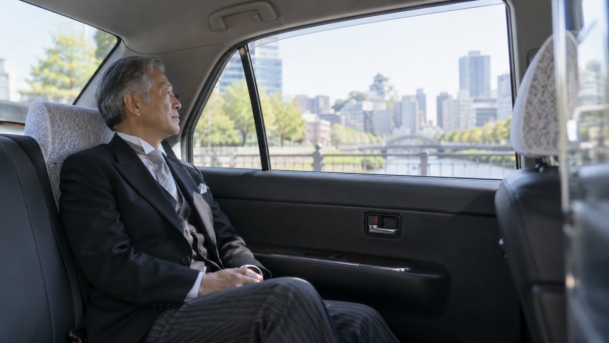 当日の朝、式場へ向かうタクシーの後部座席で、モーニングコートの60代の男性が窓の外の街並みを見ながら、ひざの上で両手を軽く組み、ゆっくり息を吐いている。顔は小さく写る