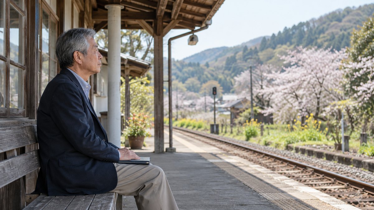 春の昼、地方のローカル線の古い木造駅舎のホームで、ベンチに一人座ったジャケット姿の60代の男性が、手帳を閉じてひざに置き、線路の先を見ている。駅名や看板の文字は写らない