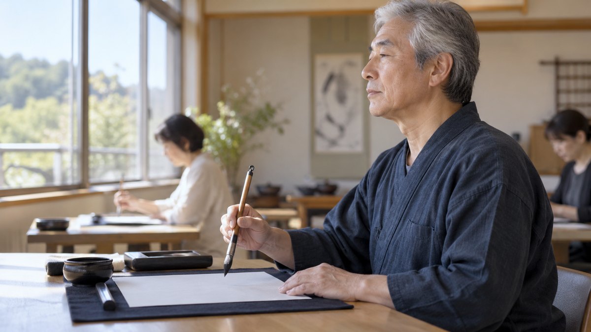 昼、町の文化センターの書道教室で、作務衣姿の60代の男性が半紙に向かって筆を構え、深く息を吸っている横顔と手元。半紙はまだ白い