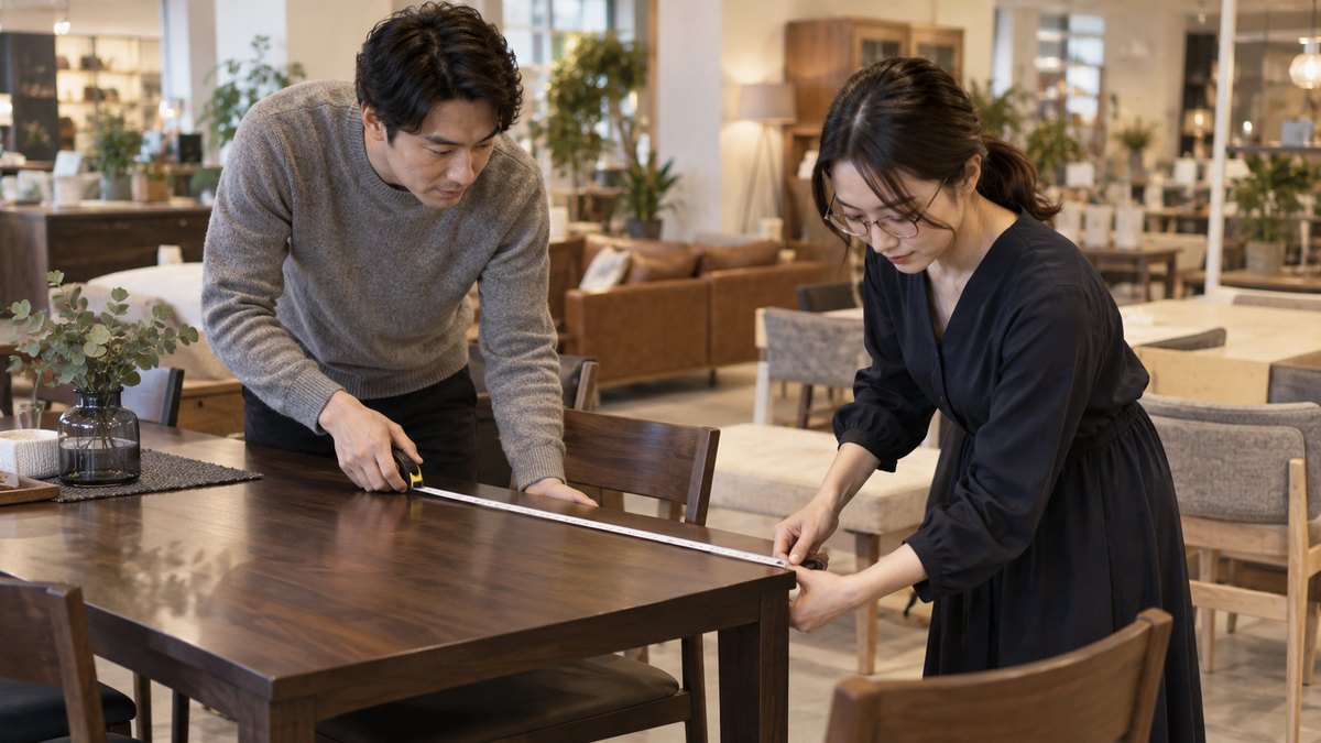 夕方、家具店の売り場の奥で、グレーのニットを着た30代前半の男性と、紺色のワンピースに眼鏡をかけた30代前半の女性が、濃い色の木のダイニングテーブルの見本の角をメジャーで測っている。値札や看板の文字は読めない