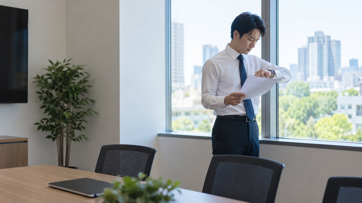 昼、会社の空いた小さな会議室で、ワイシャツ姿の30代の男性が窓際に立ち、腕時計に目を落としながら、手にした紙を小声で読んでいる。紙の文字は読めない
