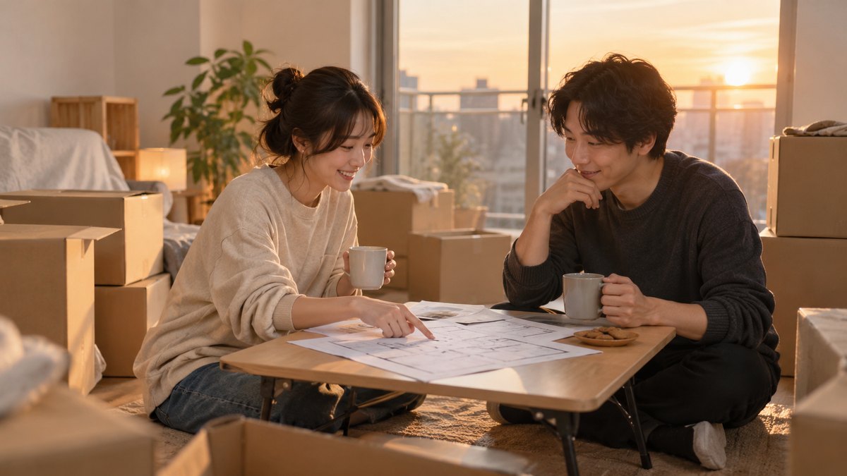 夕方、引っ越したばかりのマンションの部屋で、段ボール箱のあいだに置いた小さな折りたたみテーブルに20代後半の男女が向かい合って座り、間取り図を指さしながら話し合っている。紙の文字は読めない