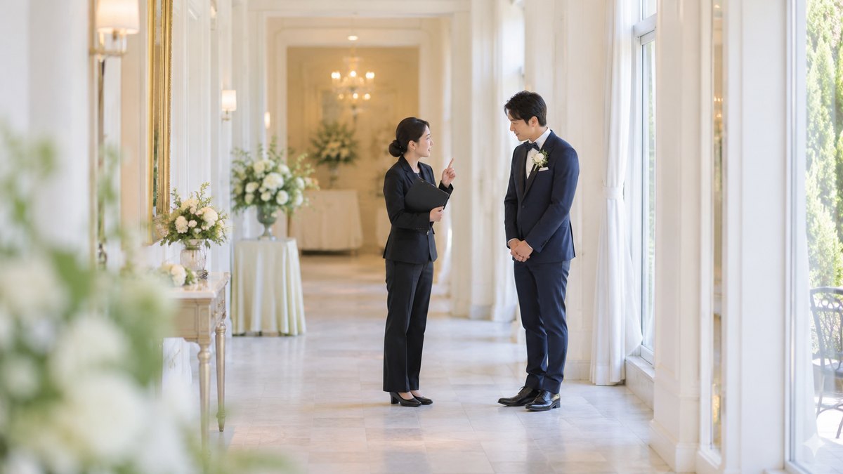 昼、結婚式場のスタッフ用の明るい廊下で、黒いスーツの女性プランナーが人差し指を1本立てて何か伝え、紺のタキシードの新郎がうなずいている。顔は小さく写る