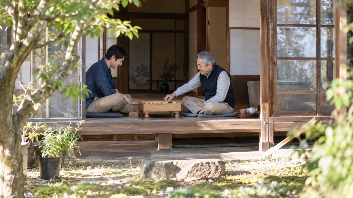 昼、古い木造の家の縁側で、30代の男性と60代の男性が並んで座り、間に置いた将棋盤をはさんで、60代の男性が笑いながら駒を指している。顔は小さく写る