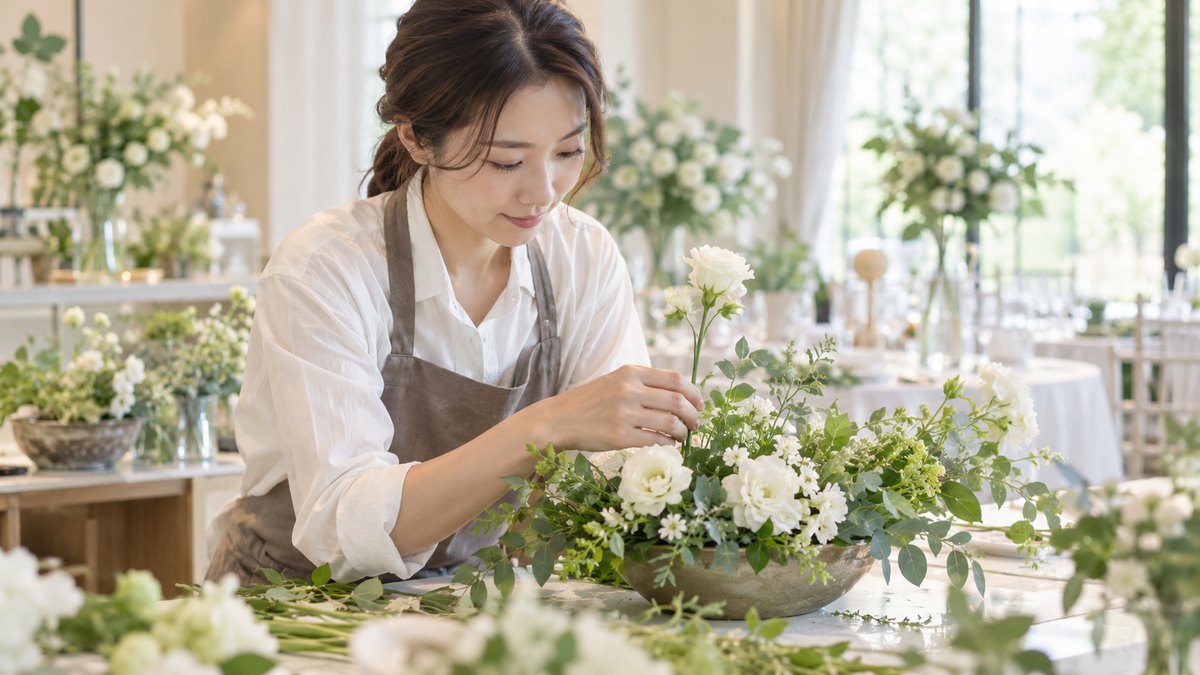 朝、結婚式場の明るい装花の準備室で、エプロン姿の女性フローリストが白とグリーンの花をテーブル用の低い花器に一本ずつ挿している手元