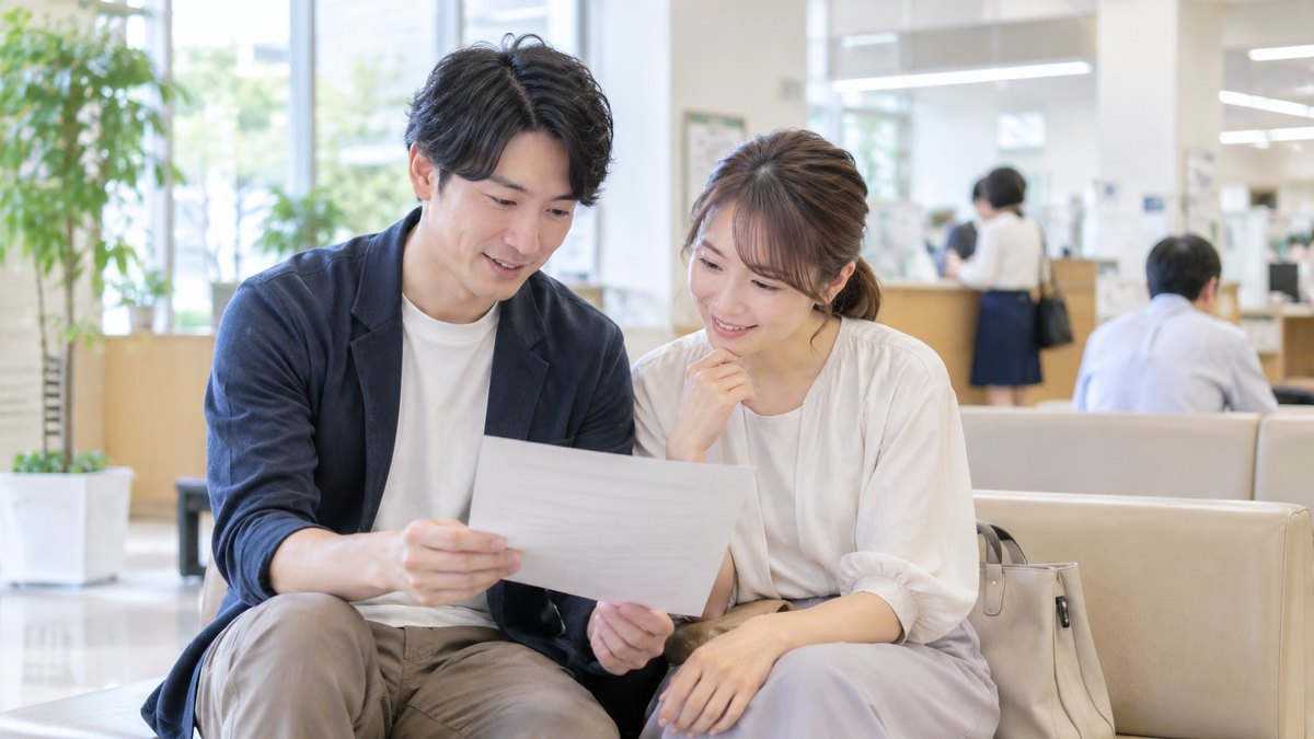 昼、区役所の明るいロビーのベンチで、20代後半の男女が並んで座り、1枚の書類を一緒にのぞき込んで小さくほほえんでいる。書類や掲示の文字は読めない