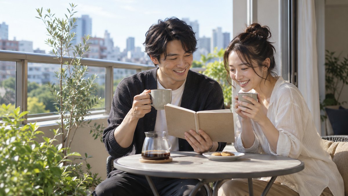 休日の朝、マンションのベランダの小さな丸いテーブルで、20代後半の男女がコーヒーカップを手に、1冊のノートを2人でのぞき込んで笑っている。ノートの文字は読めない