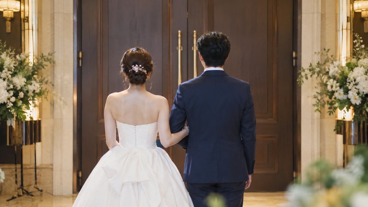 昼、披露宴会場の出口の大きな両開きの扉の前で、白いドレスの新婦と紺のタキシードの新郎が腕を組んで並んで立ち、扉が開くのを待っている後ろ姿。顔は写らない