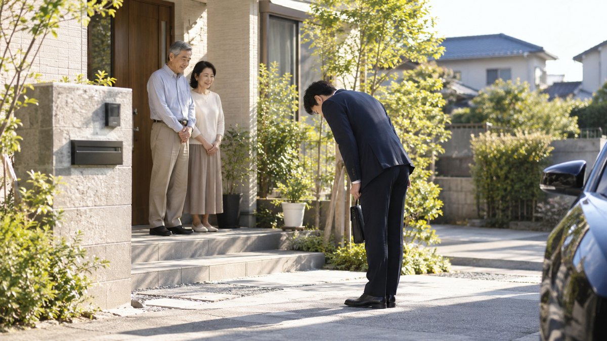 昼、郊外の一戸建ての実家の玄関先で、スーツ姿の30代の男性が、見送りに出てきた60代の両親に向かって深く頭を下げている。顔は小さく写る。表札の文字は読めない