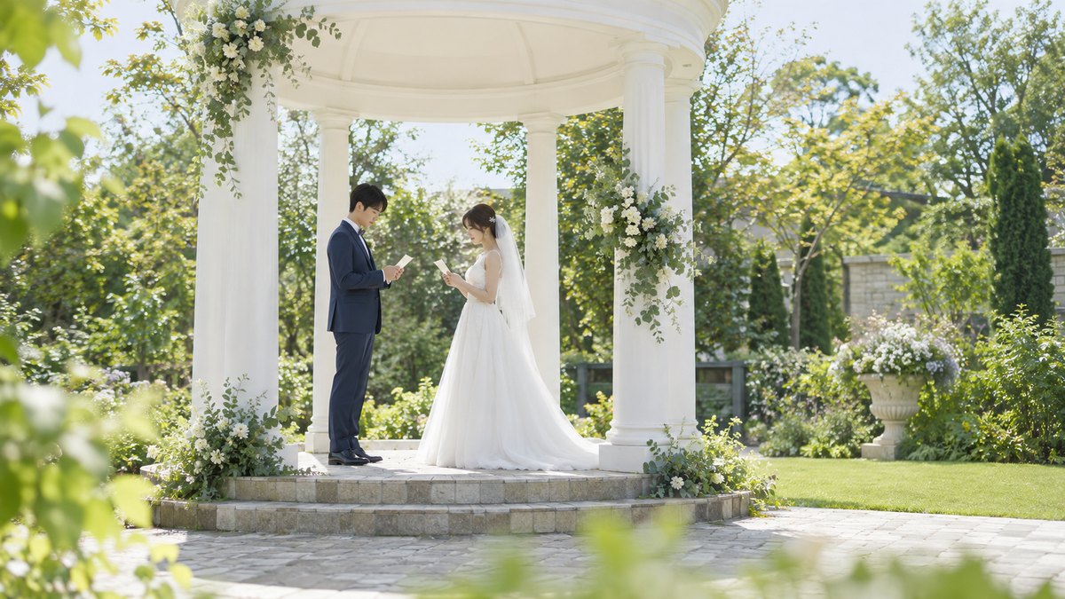 昼、結婚式場の庭の白いガゼボの下で、白いドレスの新婦と紺のタキシードの新郎が向かい合って立ち、それぞれ手のひらほどの小さなカードを持って読み合わせをしている。顔は小さく写る