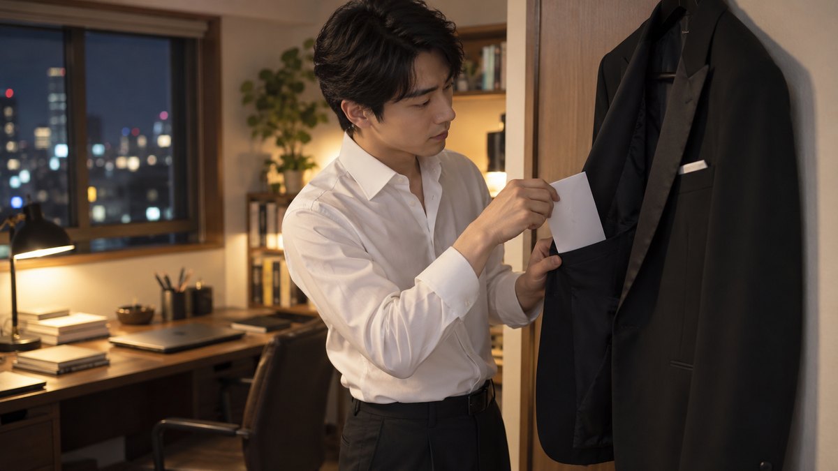 夜、自宅の書斎の机で、20代後半の男性がA4の白い紙を三つ折りにし、壁に掛けたタキシードの内ポケットに入るか当てて確かめている。紙の文字は読めない