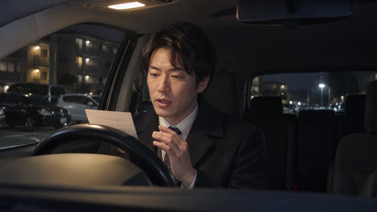 前日の夜、マンションの駐車場に停めた車の運転席で、30代の男性がハンドルの上に小さな紙をのせ、車内灯の下で口を動かして練習している。窓の外は暗い。紙の文字は読めない