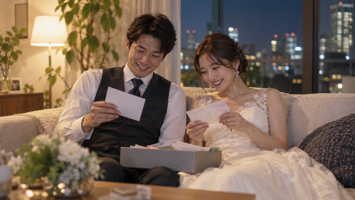 夜、マンションのリビングのソファで、結婚式を終えた20代後半の男女が並んで座り、ひざの上に広げたゲストからのメッセージカードを読みながら笑い合っている。カードの文字は読めない