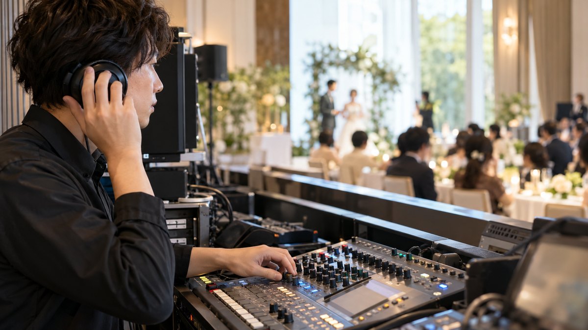 昼、結婚式場の音響ブースで、黒いシャツの男性スタッフがヘッドホンを片耳に当て、音響卓のつまみに指を添えて会場の方を見ている手元と横顔。機材の文字は読めない