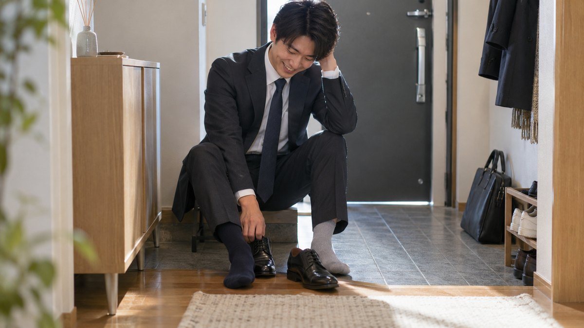 冬の朝、マンションの玄関で、スーツ姿の20代後半の男性が靴をはこうとして、左右で色の違う靴下に気づき、照れたように笑っている足元と上半身