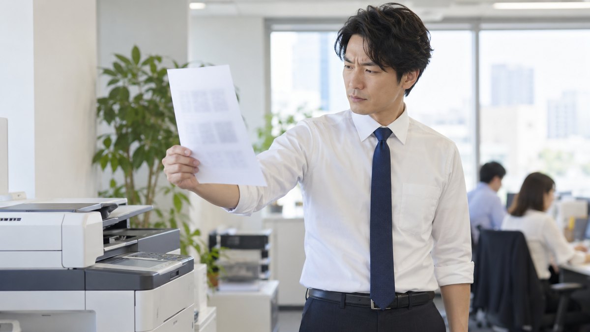昼、明るいオフィスのコピー機の前で、ワイシャツ姿の30代の男性が、大きな文字で印刷された1枚の紙を取り出し、少し離して読めるか確かめている。紙の文字は読めない
