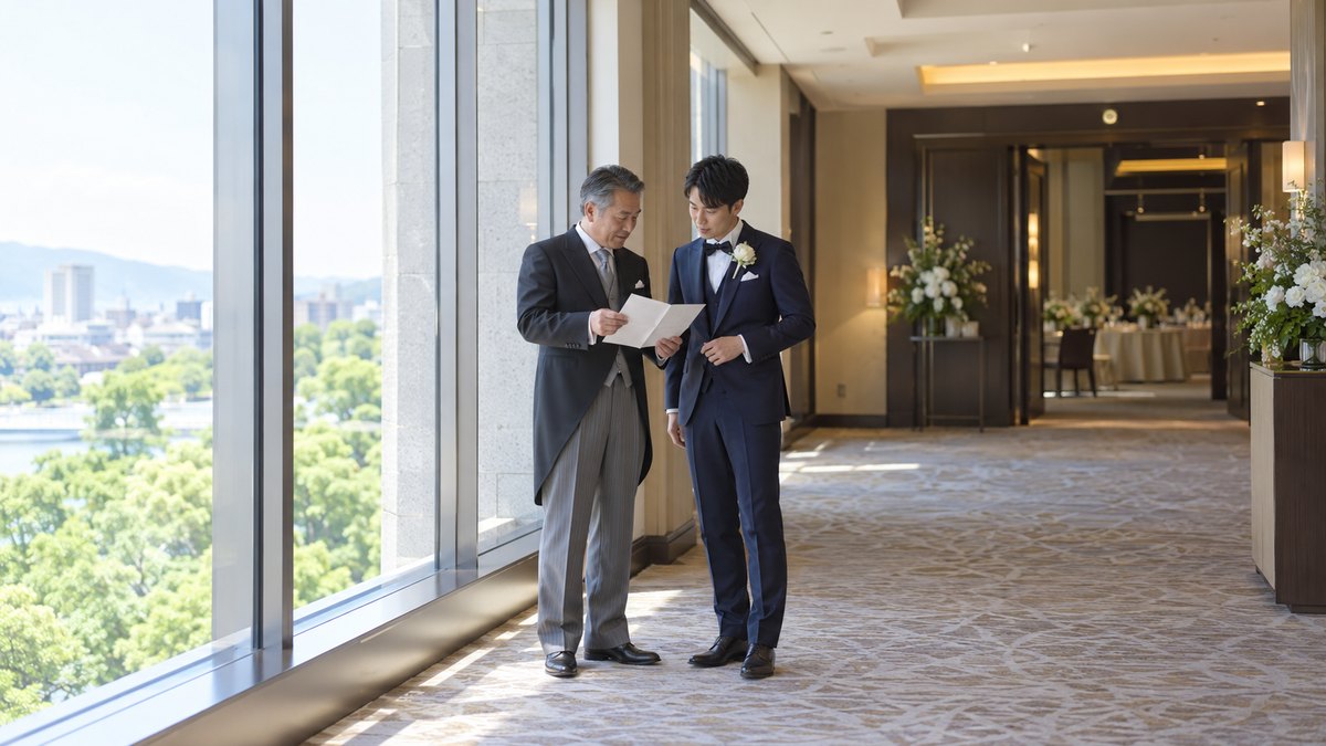 昼、ホテルの宴会場の外の窓の大きな廊下で、モーニングコートの60代の父親と紺のタキシードの新郎が並んで立ち、父親が自分の折りたたんだ紙を開いて新郎に見せ、二人で相談している。顔は小さく写る。紙の文字は読めない