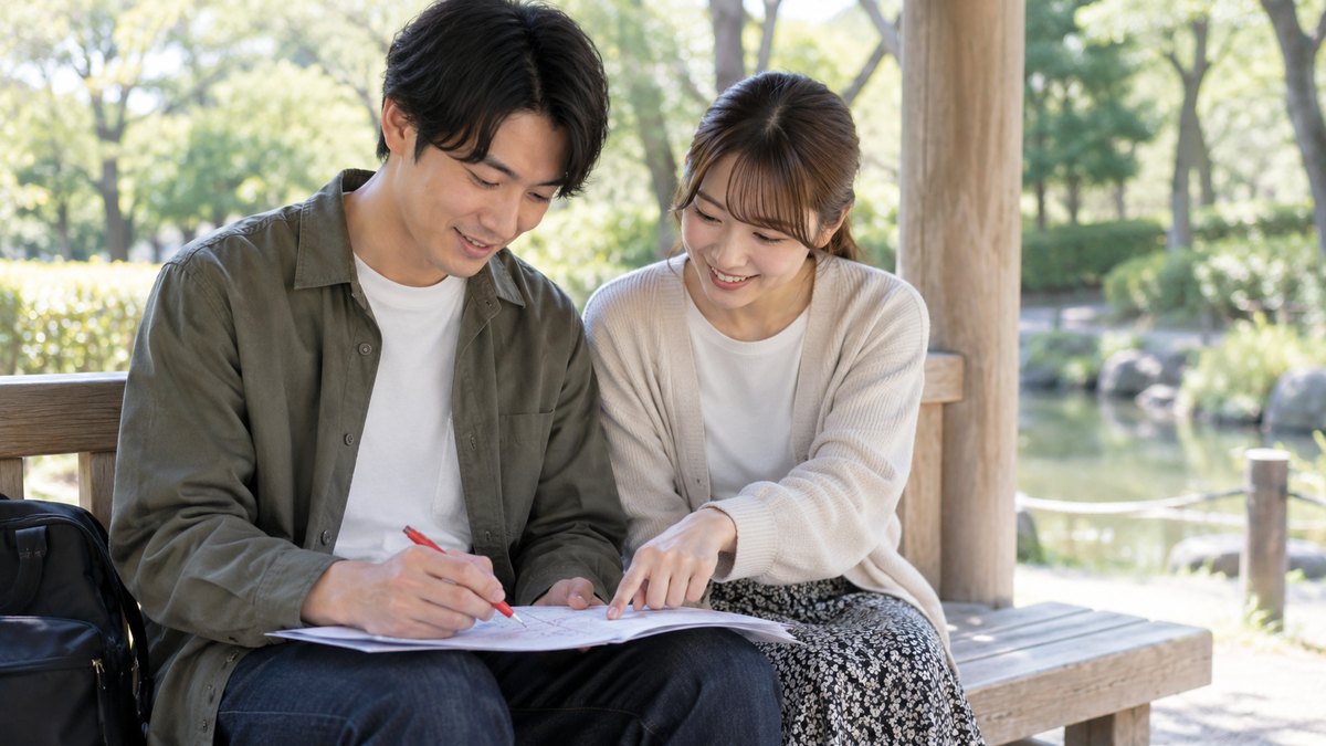 昼、公園の木の東屋のベンチで、20代後半の男性がひざの上の紙に赤ペンで小さな丸をつけ、隣に座った同年代の女性がその一か所を指さしている。紙の文字は読めない