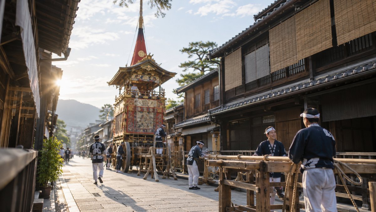 夏の早朝、まだ人の少ない京都の古い町並みの通りに、祭りの準備で組み上げられた背の高い木の山車が一基立ち、朝の光が差している。看板や提灯の文字は写らない