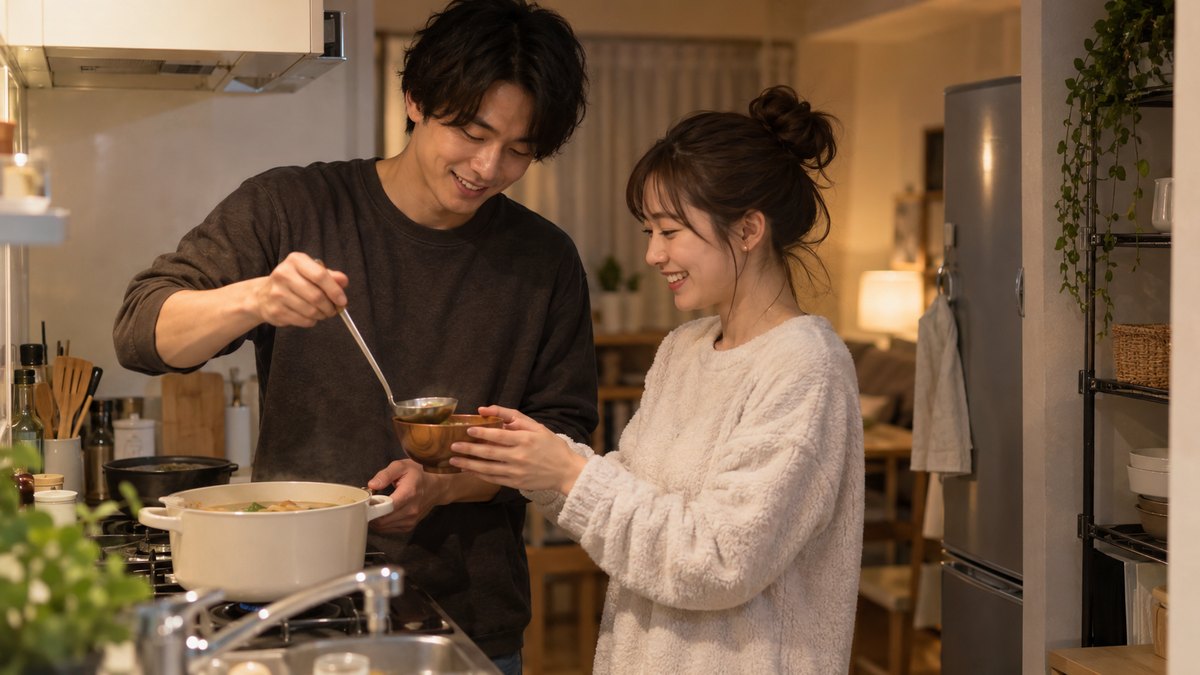 夜、マンションの小さなキッチンで、部屋着の20代後半の男女が並んで立ち、男性が鍋から汁物をよそい、女性がお椀を受け取って笑っている