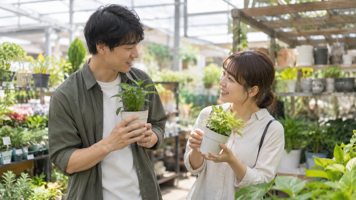 休日の昼、ホームセンターの明るい園芸売り場で、20代後半の男女が小さな観葉植物の鉢植えを1つずつ手に取り、どちらにするか顔を見合わせて話している。値札や看板の文字は読めない