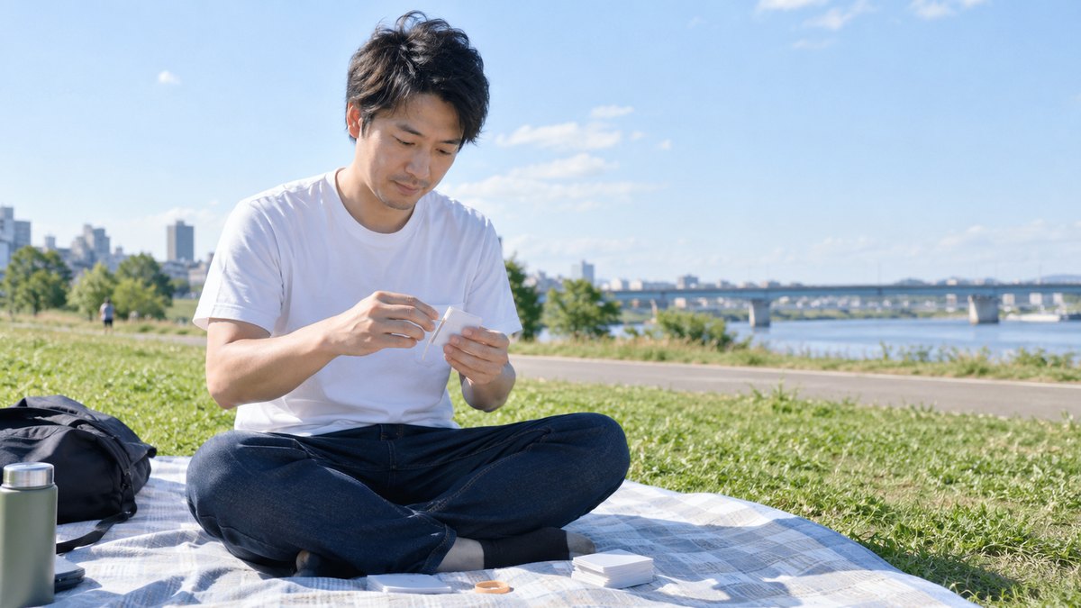 晴れた昼、河川敷の芝生に敷いたレジャーシートの上で、Tシャツ姿の30代の男性があぐらをかき、手のひらほどの白いカード数枚をそろえて輪ゴムでまとめている。遠くに橋が見える。カードの文字は読めない