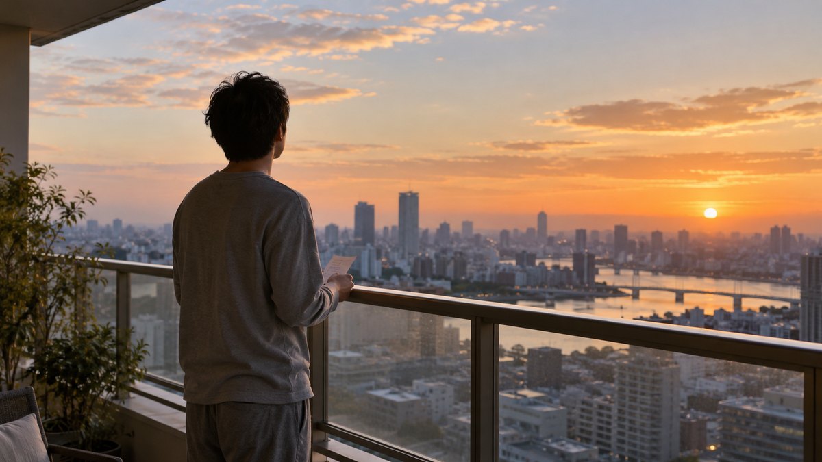 夕方、マンションの高い階のベランダで、部屋着の30代の男性が手すりの前に立ち、手の中の小さな紙から顔を上げて、遠くの街並みの方を見ている後ろ姿