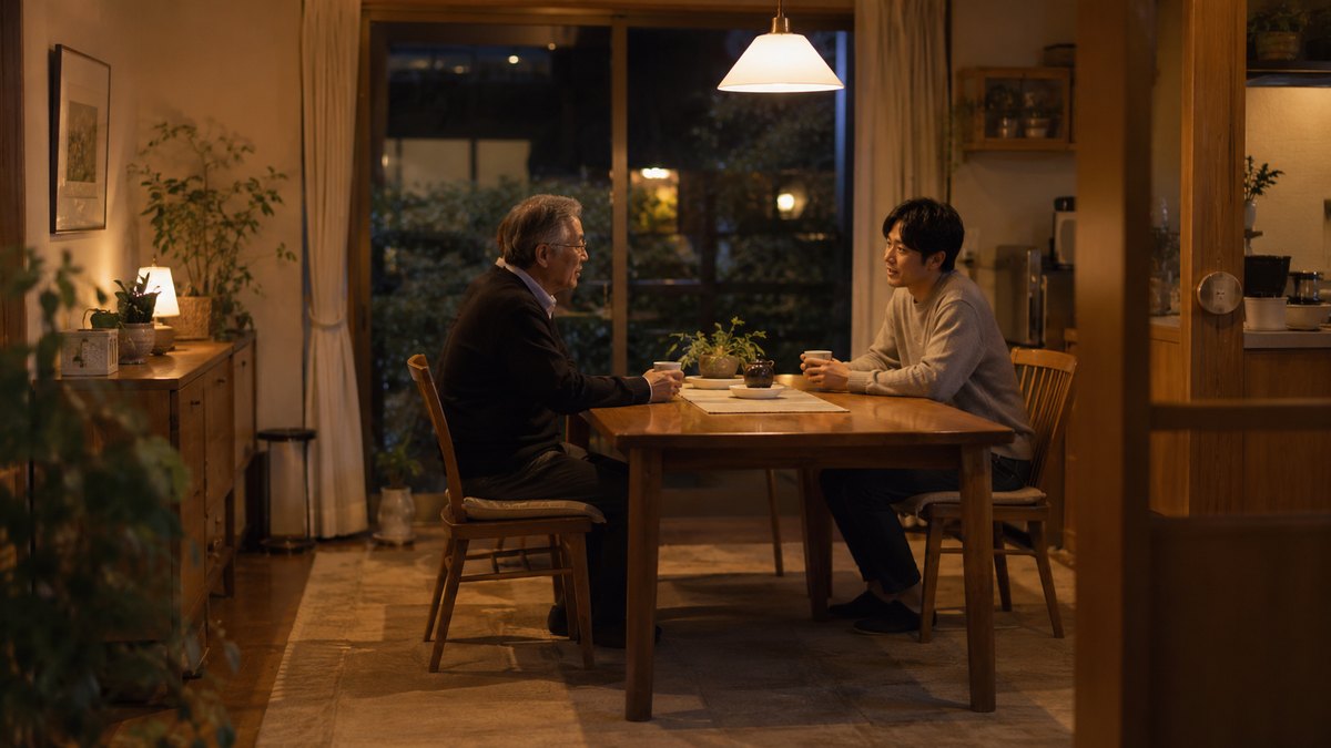 夜、実家のダイニングテーブルで、60代の父親と30代の息子が向かい合って座り、湯のみを手に穏やかに話している。顔は小さく写る
