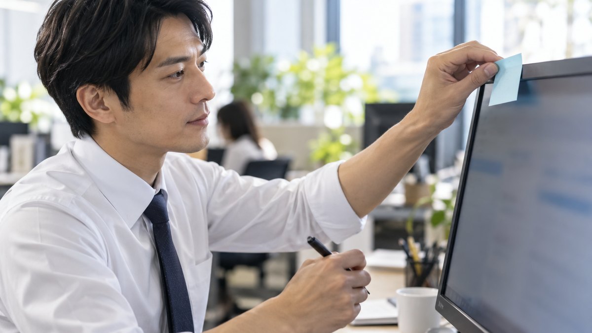 昼、オフィスのデスクで、ワイシャツ姿の30代の男性が黄色ではなく水色の付箋に短い一行を書き、パソコンのモニターの縁に貼ろうとしている手元。画面と付箋の文字は読めない